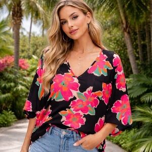Jodifl Black Pink Floral V Neck Dolman Sleeve Blouse Size Large Bold Retro